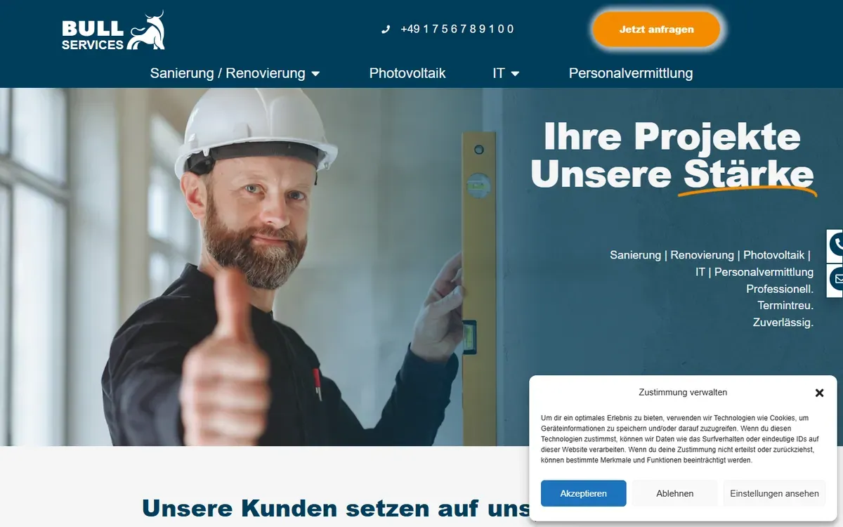Screenshot der Bull-Services-Website mit Sanierungs-, PV- und IT-Standbeinen