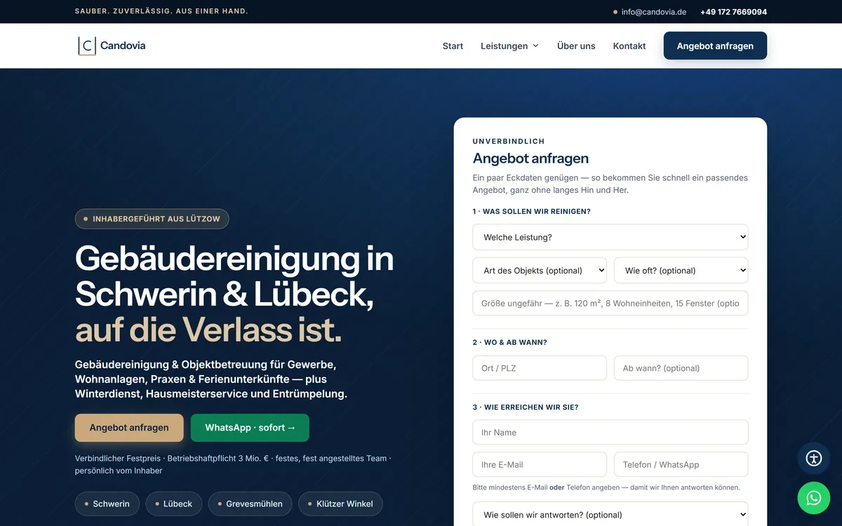 Startseite von candovia.de: Anfrage-Formular direkt im ersten Bildschirm, daneben WhatsApp als Sofort-Kanal