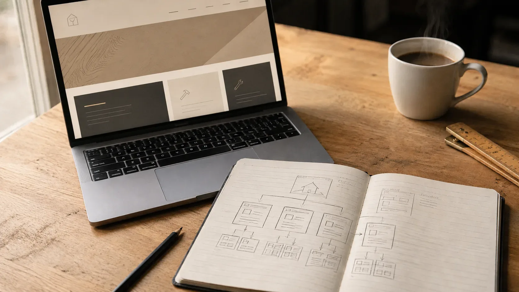 Schreibtisch-Stillleben: Notizbuch mit handgezeichneter Website-Sitemap, Bleistift, Laptop mit Website-Vorschau, Kaffeetasse, Zollstock — symbolische Aufnahme der Verbindung von Handwerk und Webdesign
