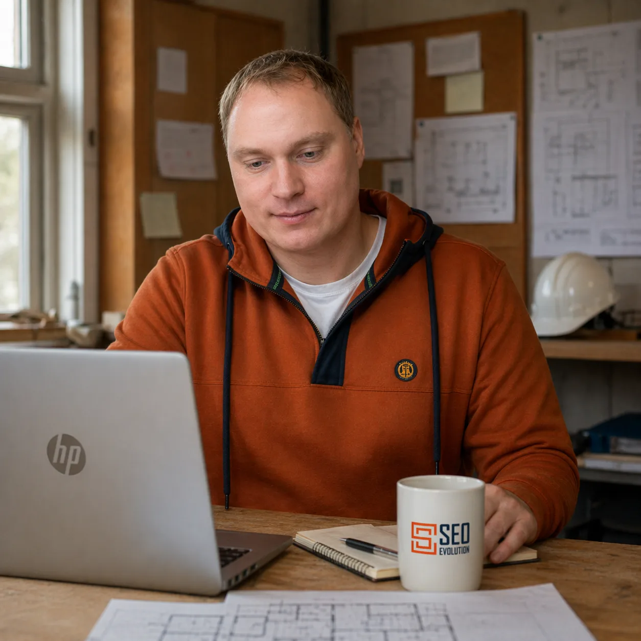 Marcus Lindow am Schreibtisch in der WERKKANTE Werkstatt, Rostock